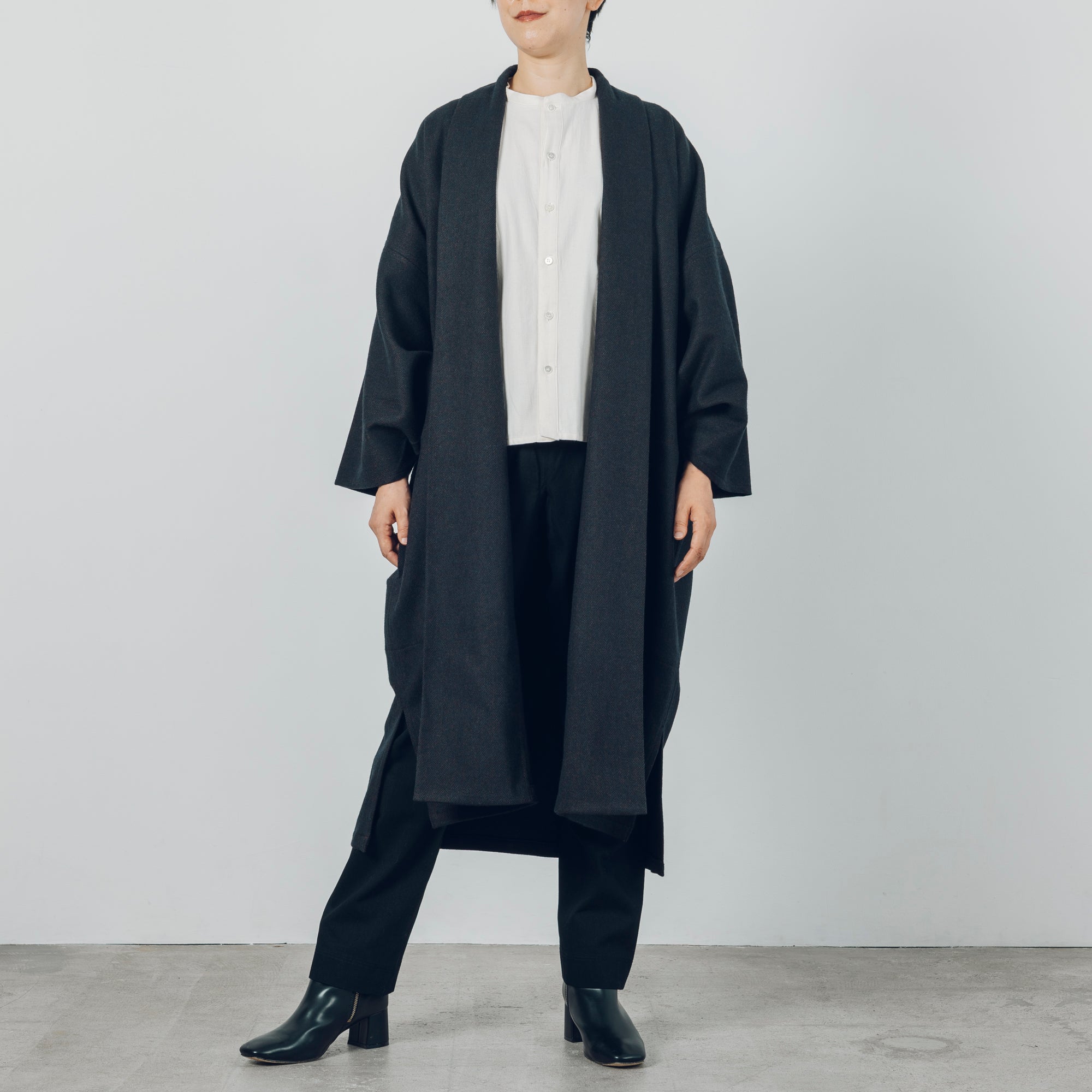 Long Gathered Sleeve Haori - Rescue Wool Herringbone / Navy