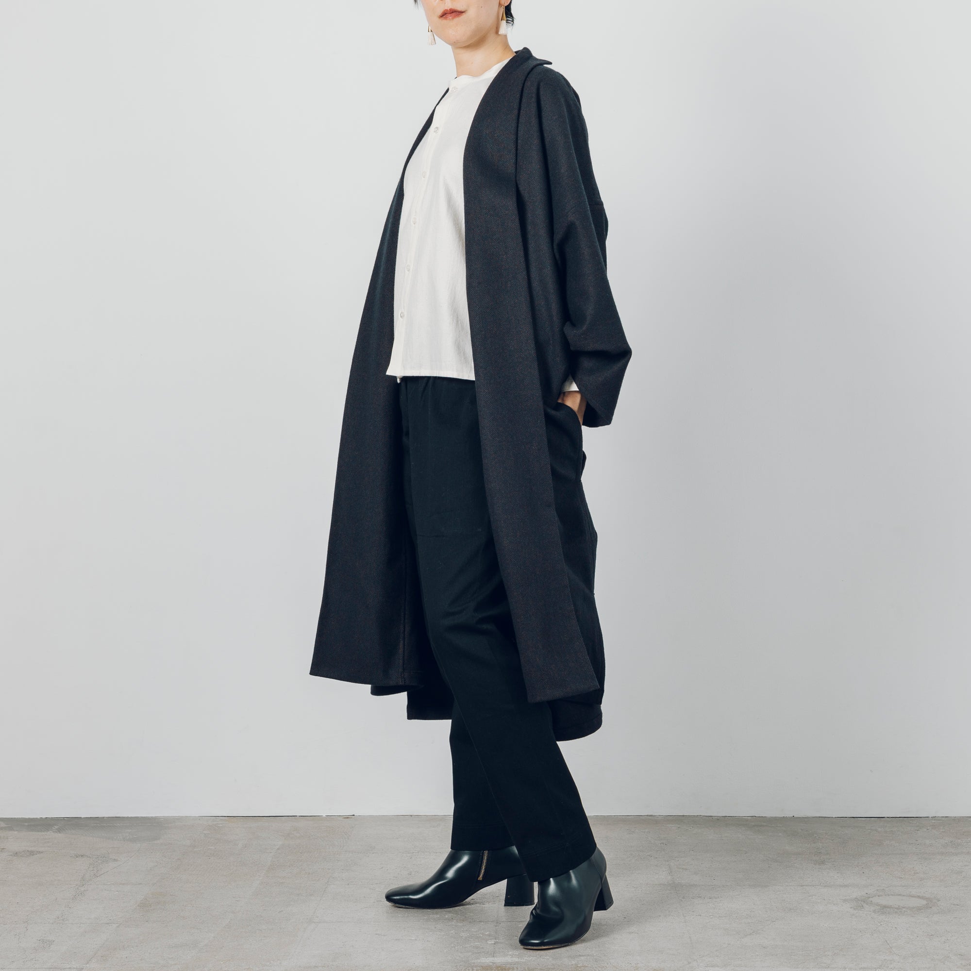 Long Gathered Sleeve Haori - Rescue Wool Herringbone / Navy