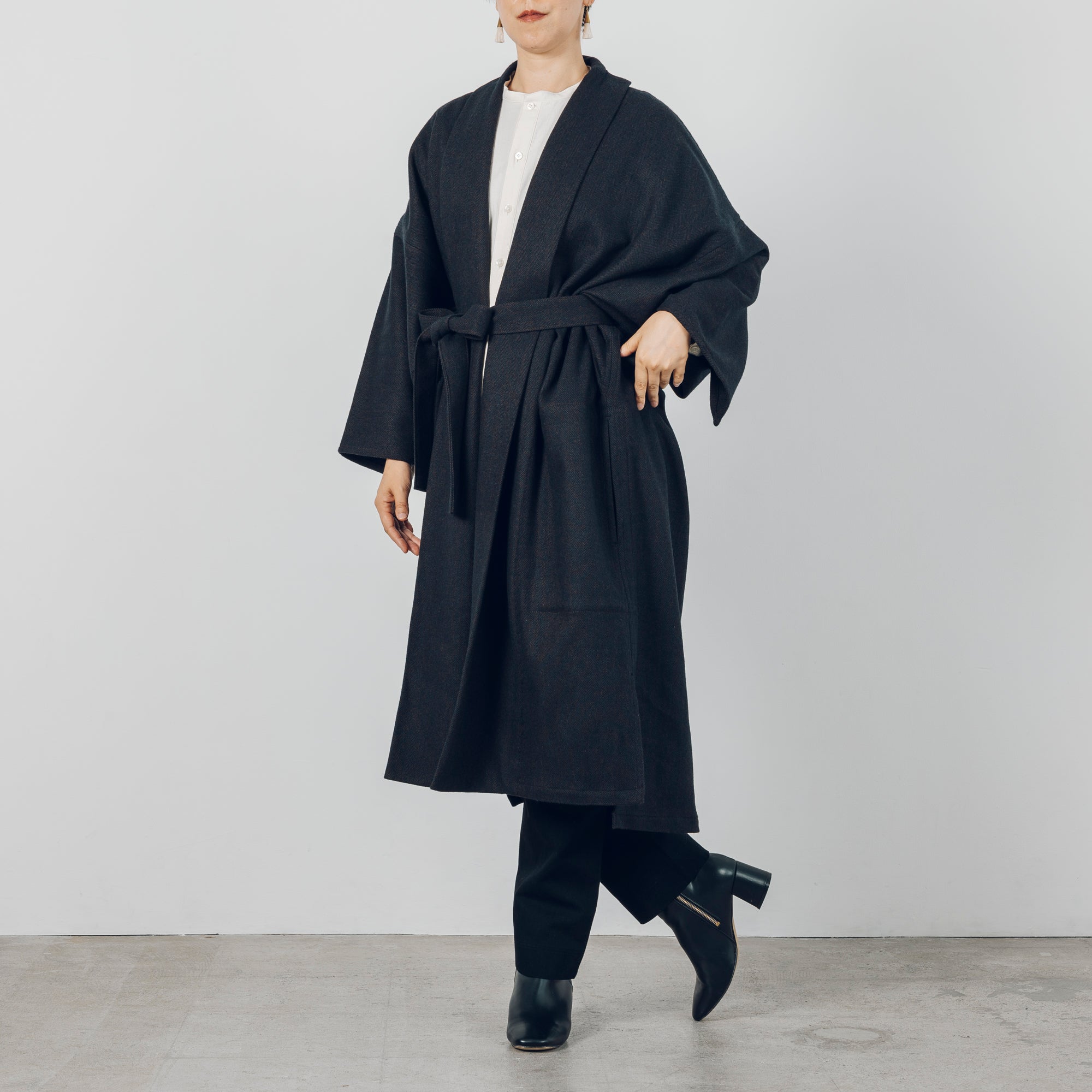 Long Gathered Sleeve Haori - Rescue Wool Herringbone / Navy