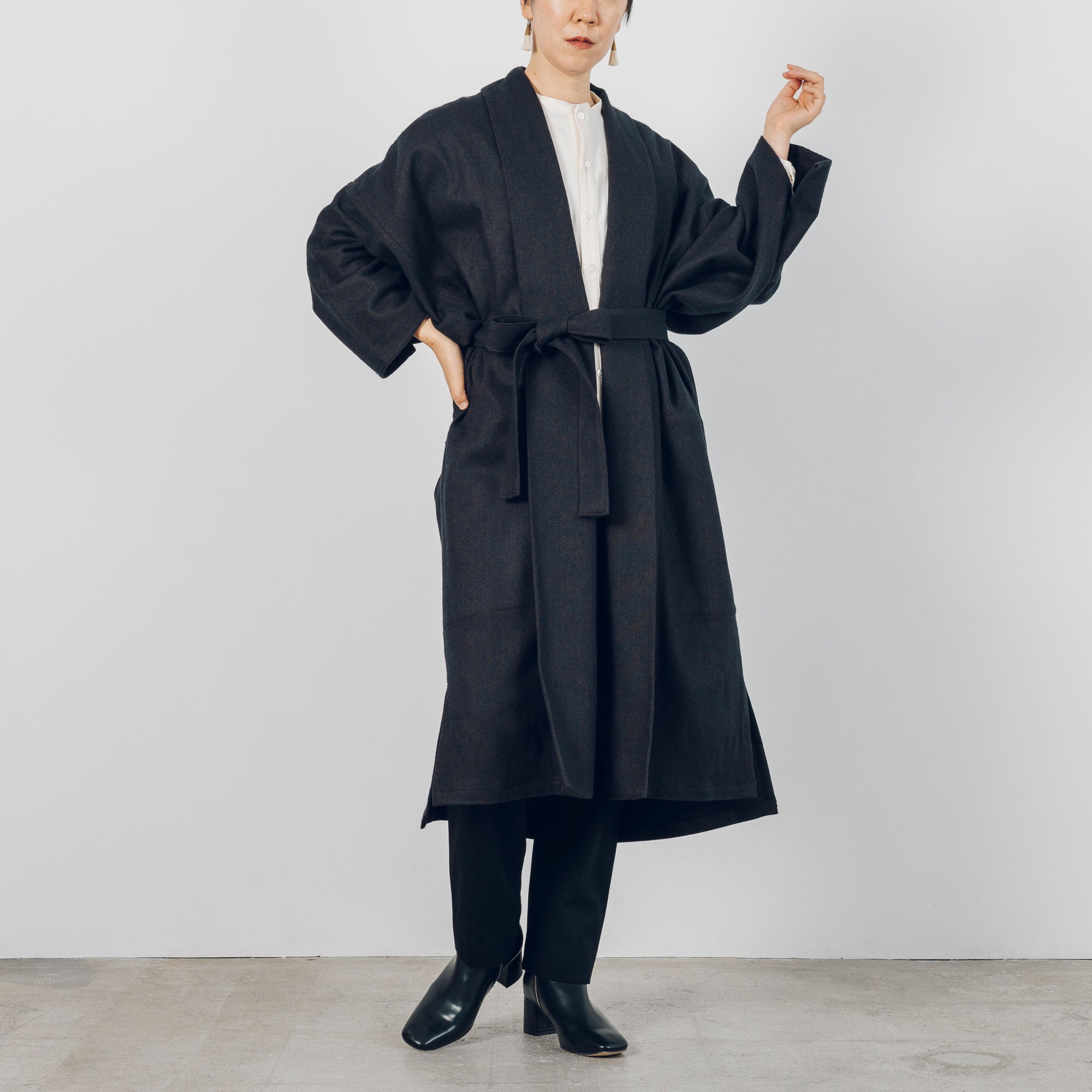 Long Gathered Sleeve Haori - Rescue Wool Herringbone / Navy