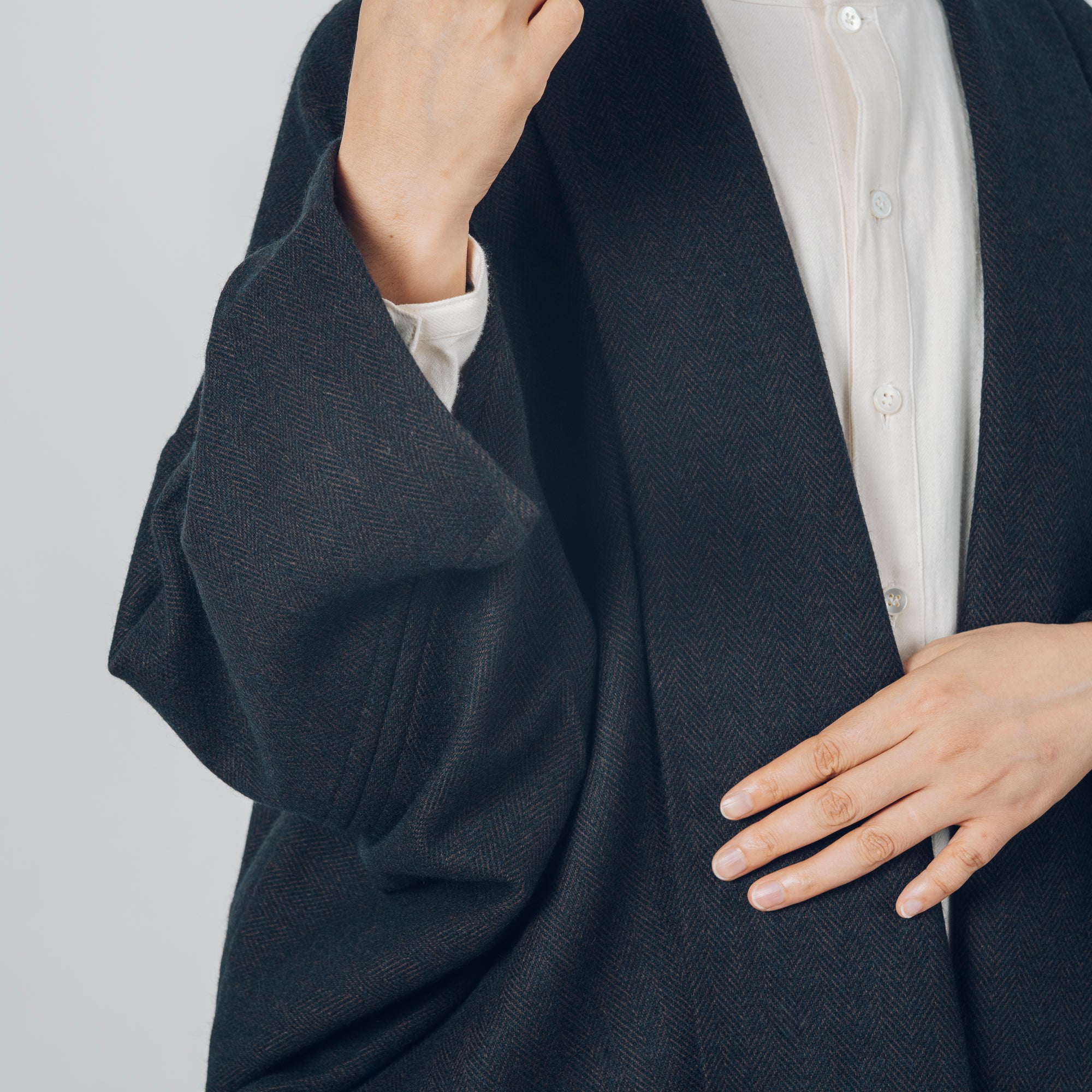Long Gathered Sleeve Haori - Rescue Wool Herringbone / Navy