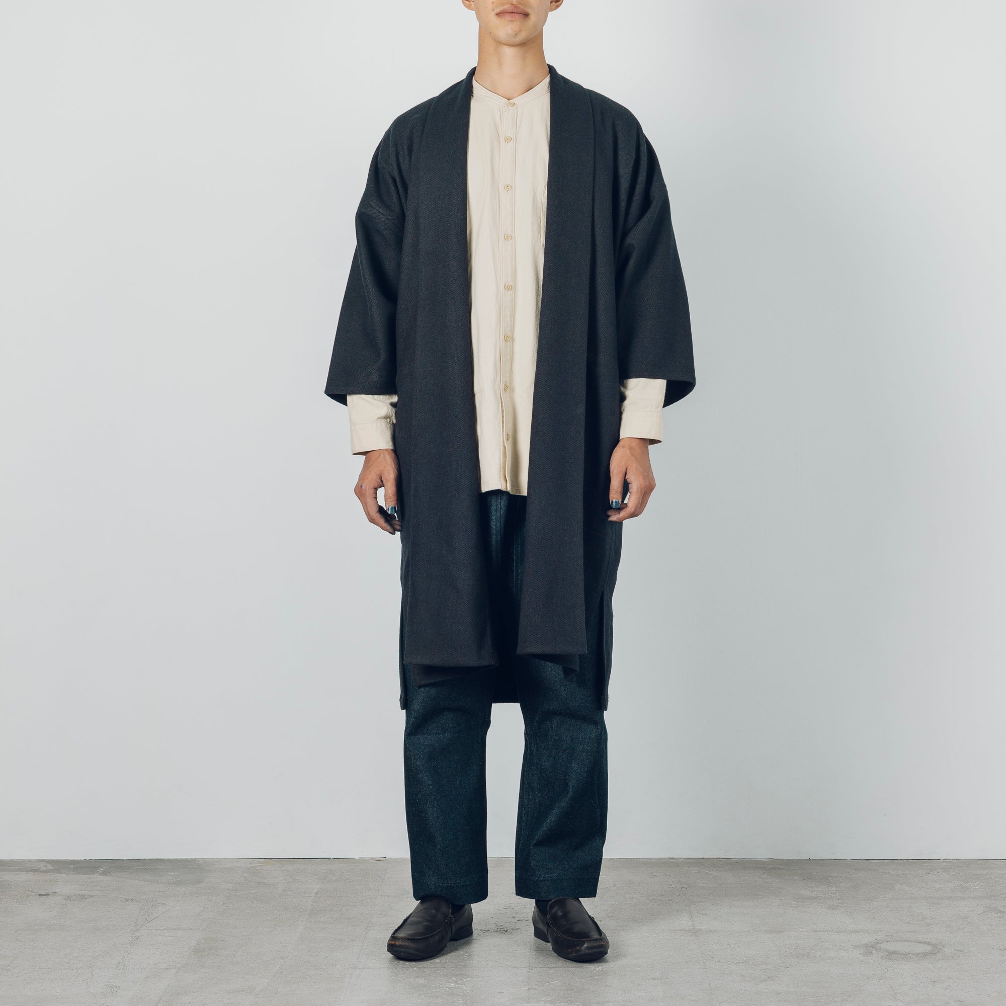 Long Gathered Sleeve Haori - Rescue Wool Herringbone / Navy