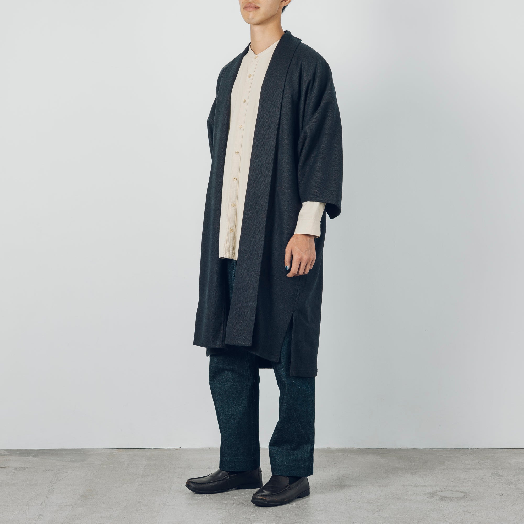 Long Gathered Sleeve Haori - Rescue Wool Herringbone / Navy