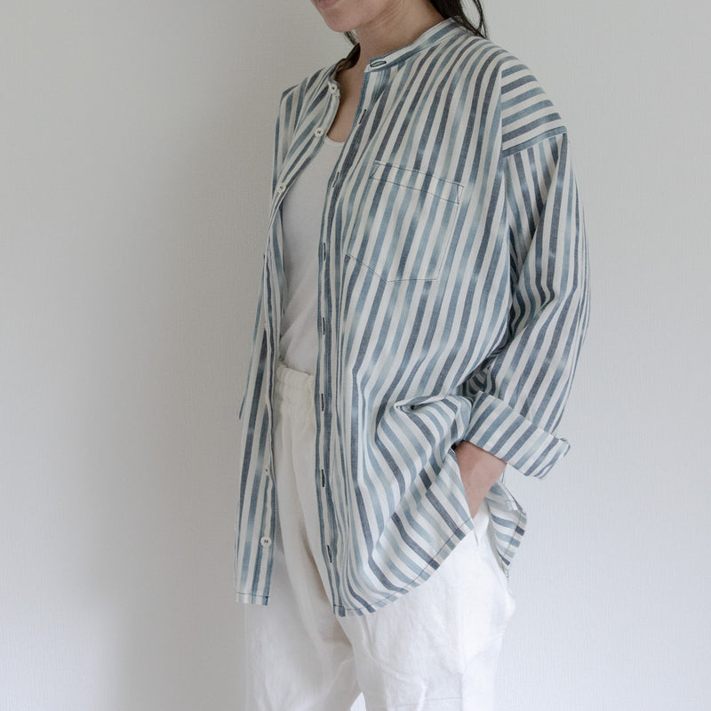 Advance reservation [Echizen shirt, long length] Kurume Kasuri, indigo-dyed stripes (cotton)