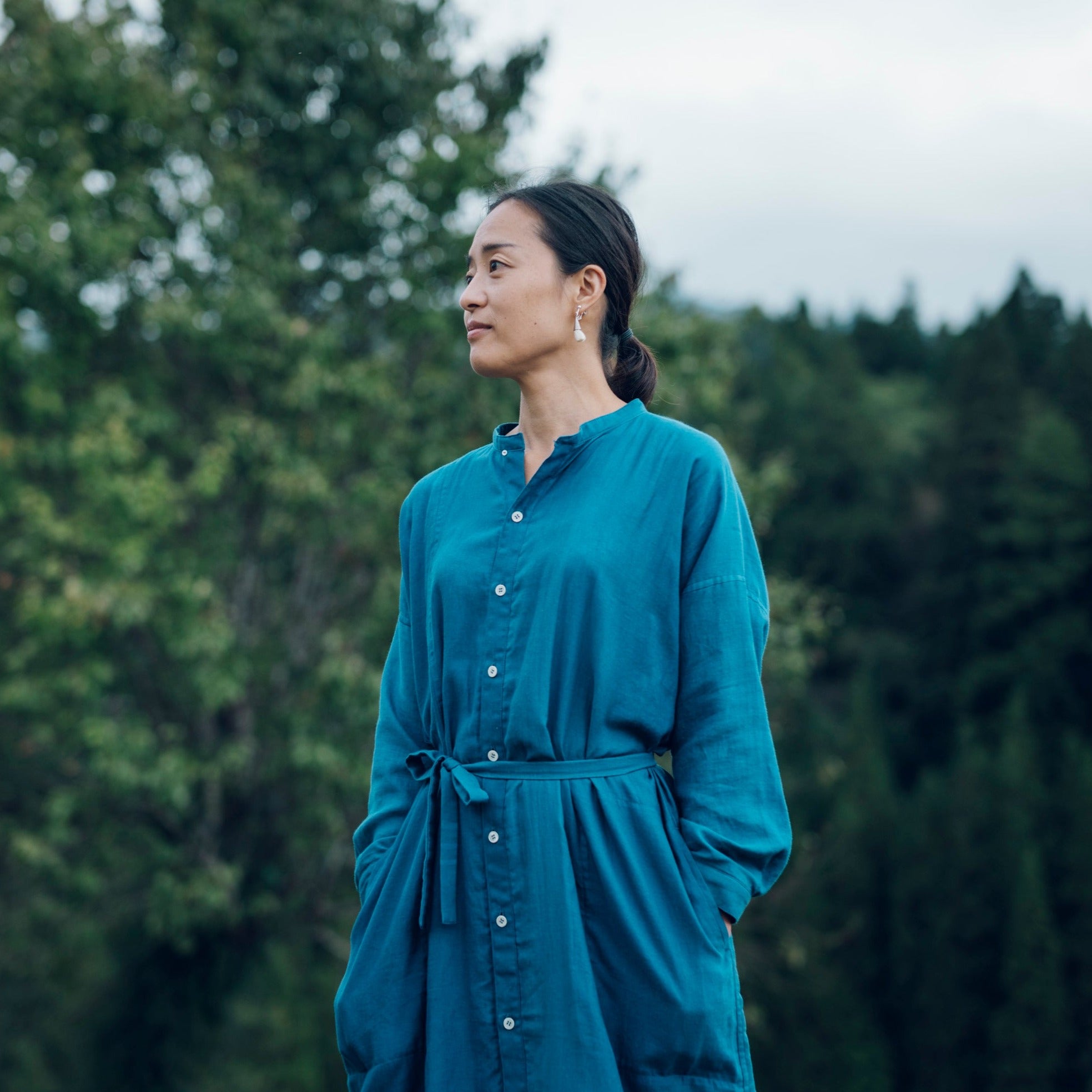 [Echizen One-piece dress] Maxi length/organic cotton/light blue