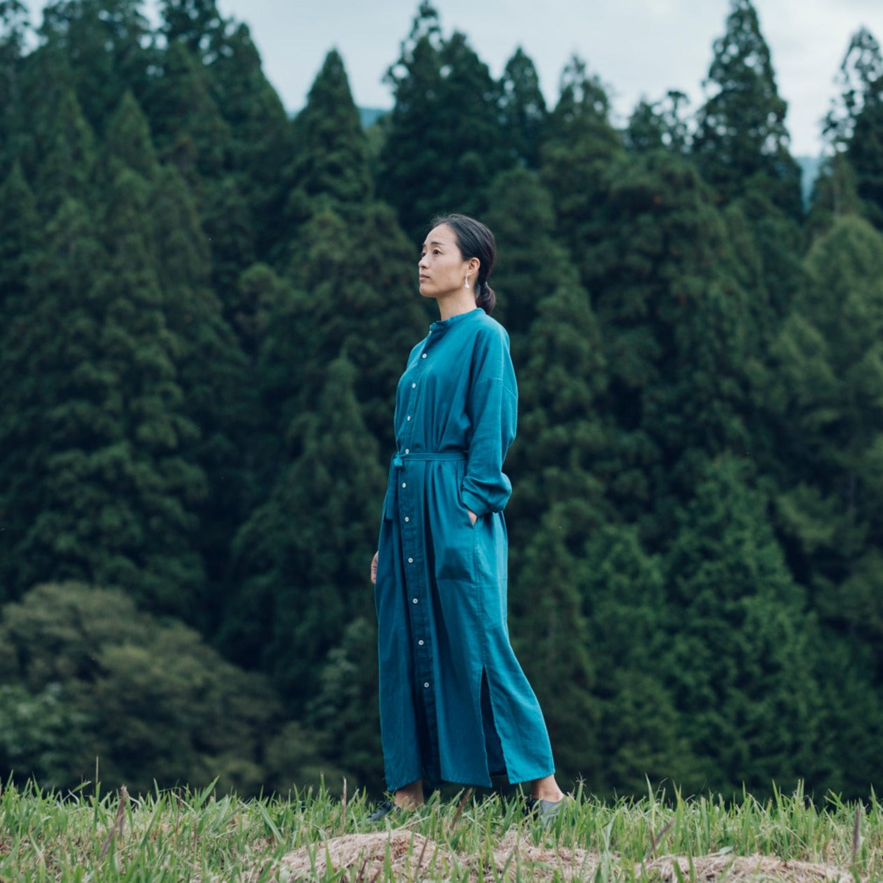 [Echizen One-piece dress] Maxi length/organic cotton/light blue