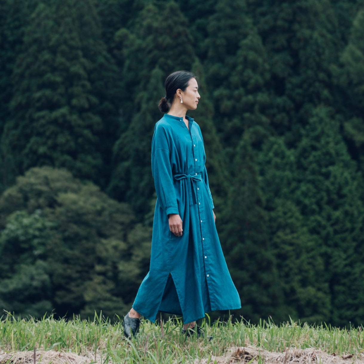 [Echizen One-piece dress] Maxi length/organic cotton/light blue