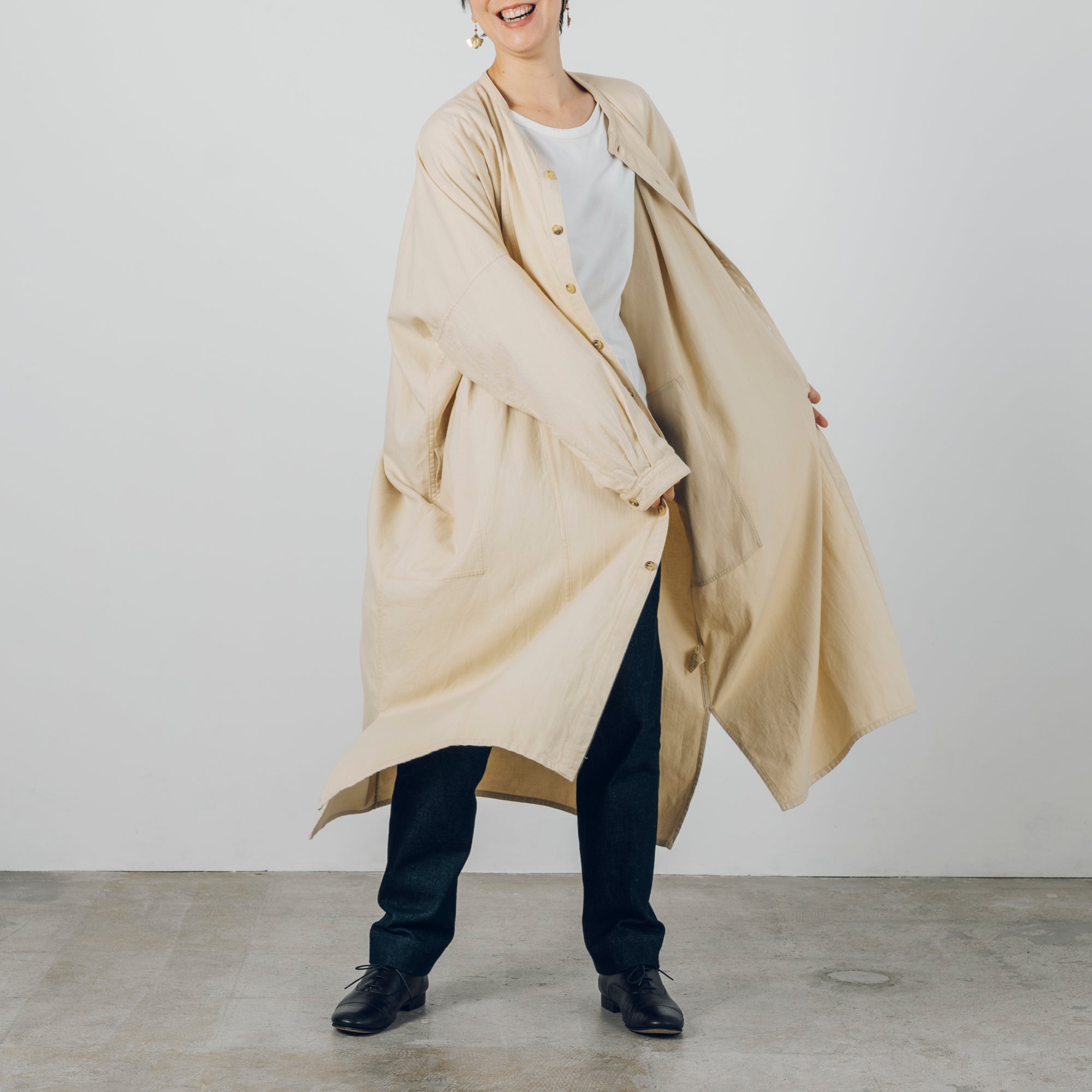 [Echizen One-piece dress] Organic cotton flannel / khaki beige (marigold dyed)