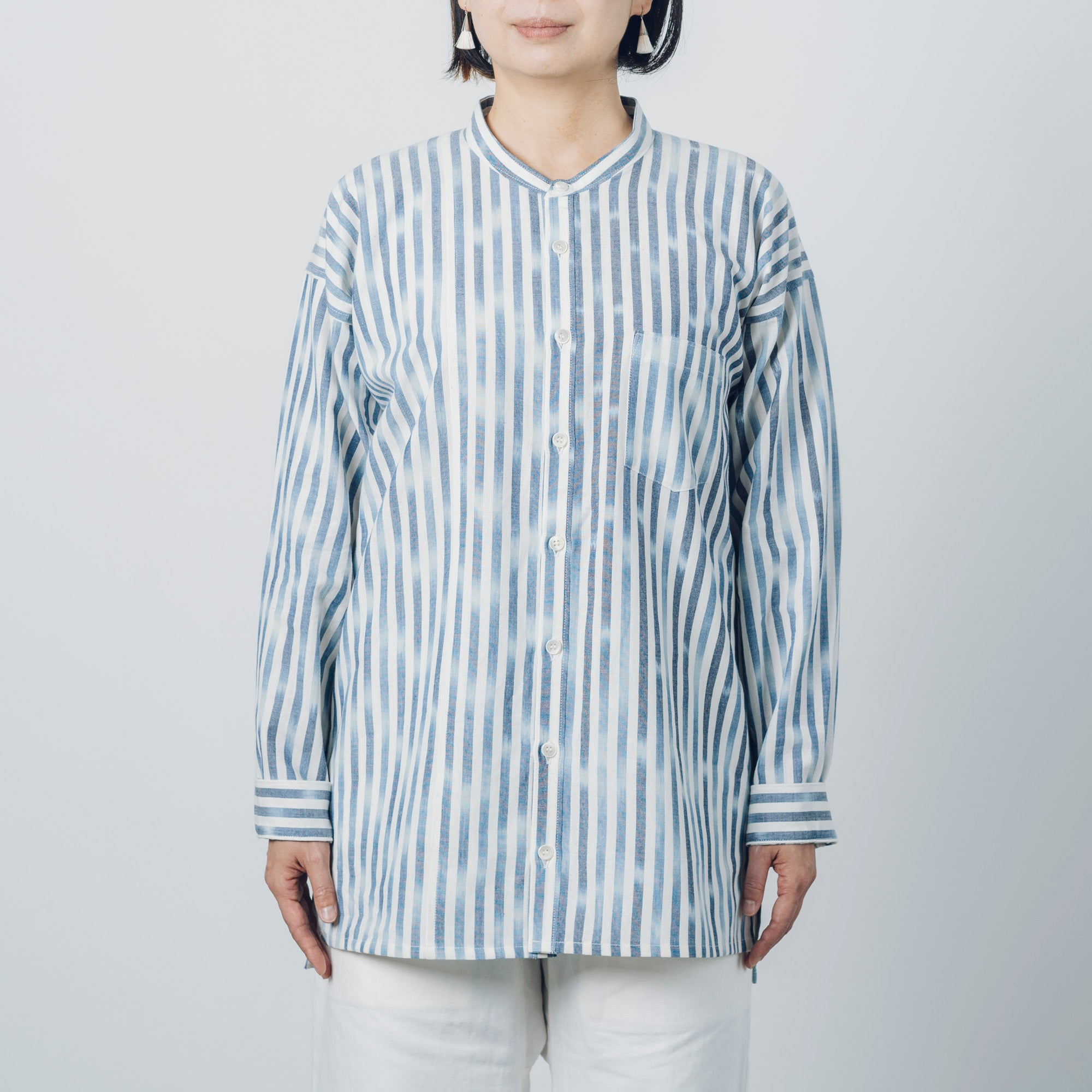 Advance reservation [Echizen shirt, long length] Kurume Kasuri, indigo-dyed stripes (cotton)