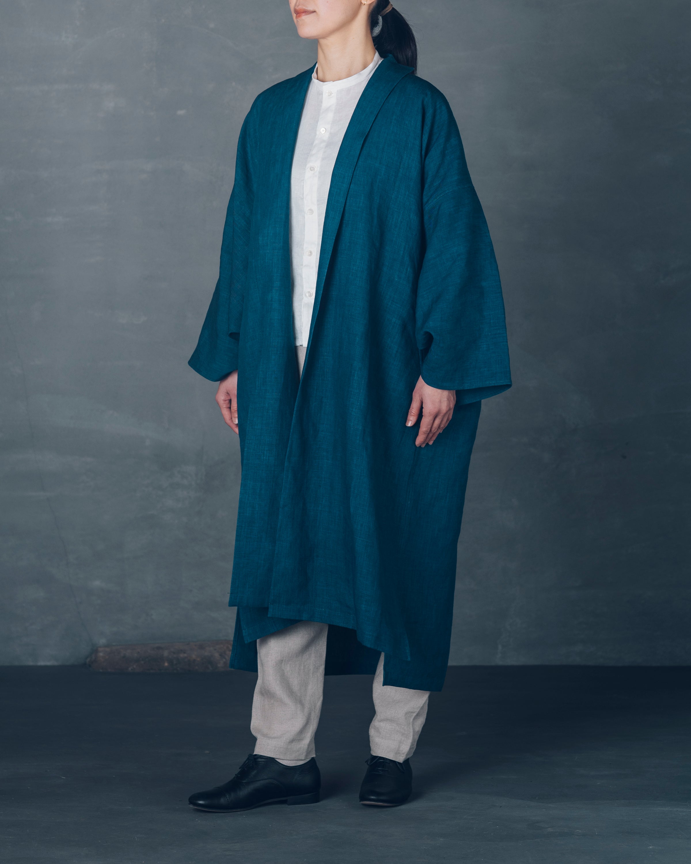 [もじり袖羽織]ロング/リネン/いとしろ藍ダーク