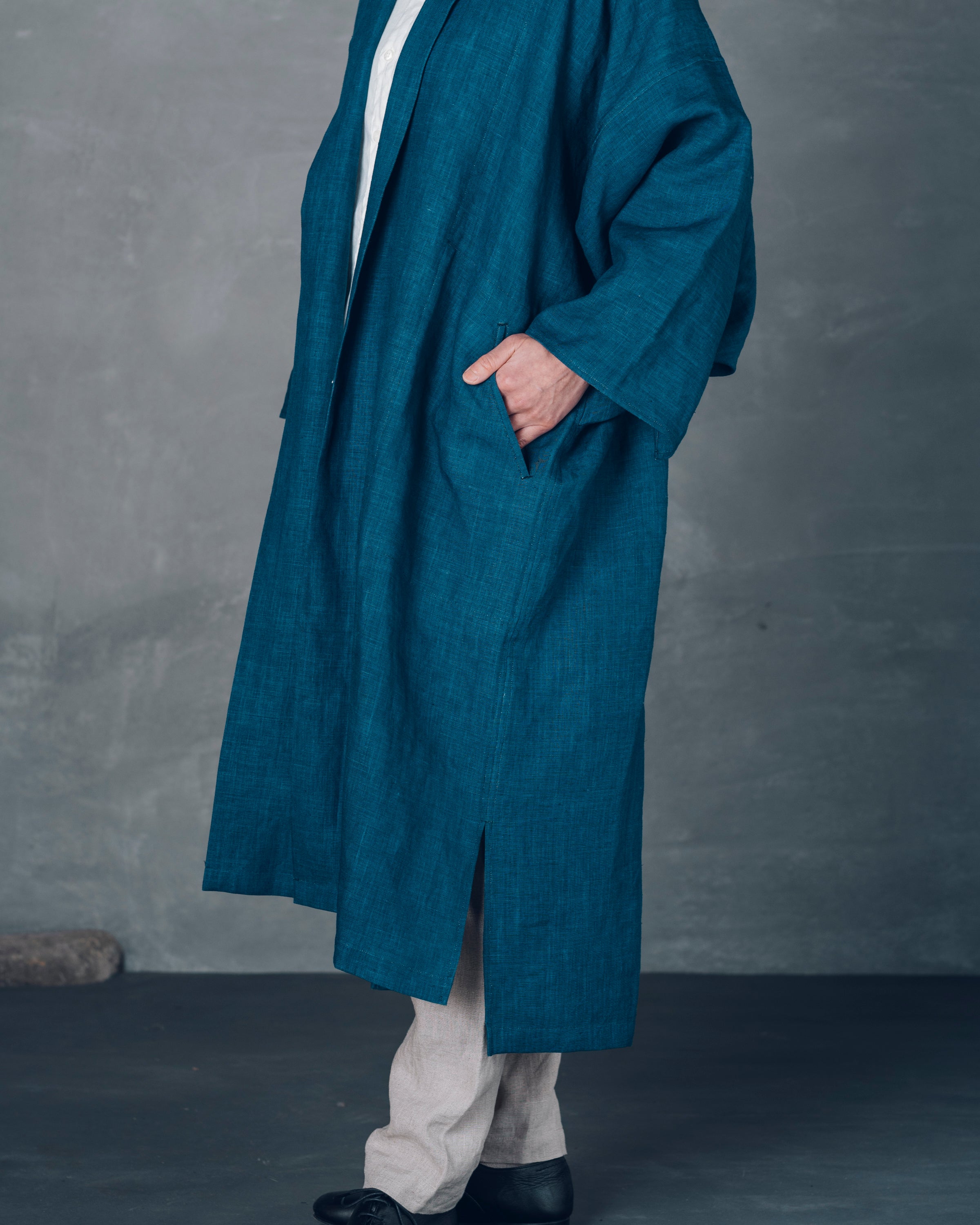 [もじり袖羽織]ロング/リネン/いとしろ藍ダーク
