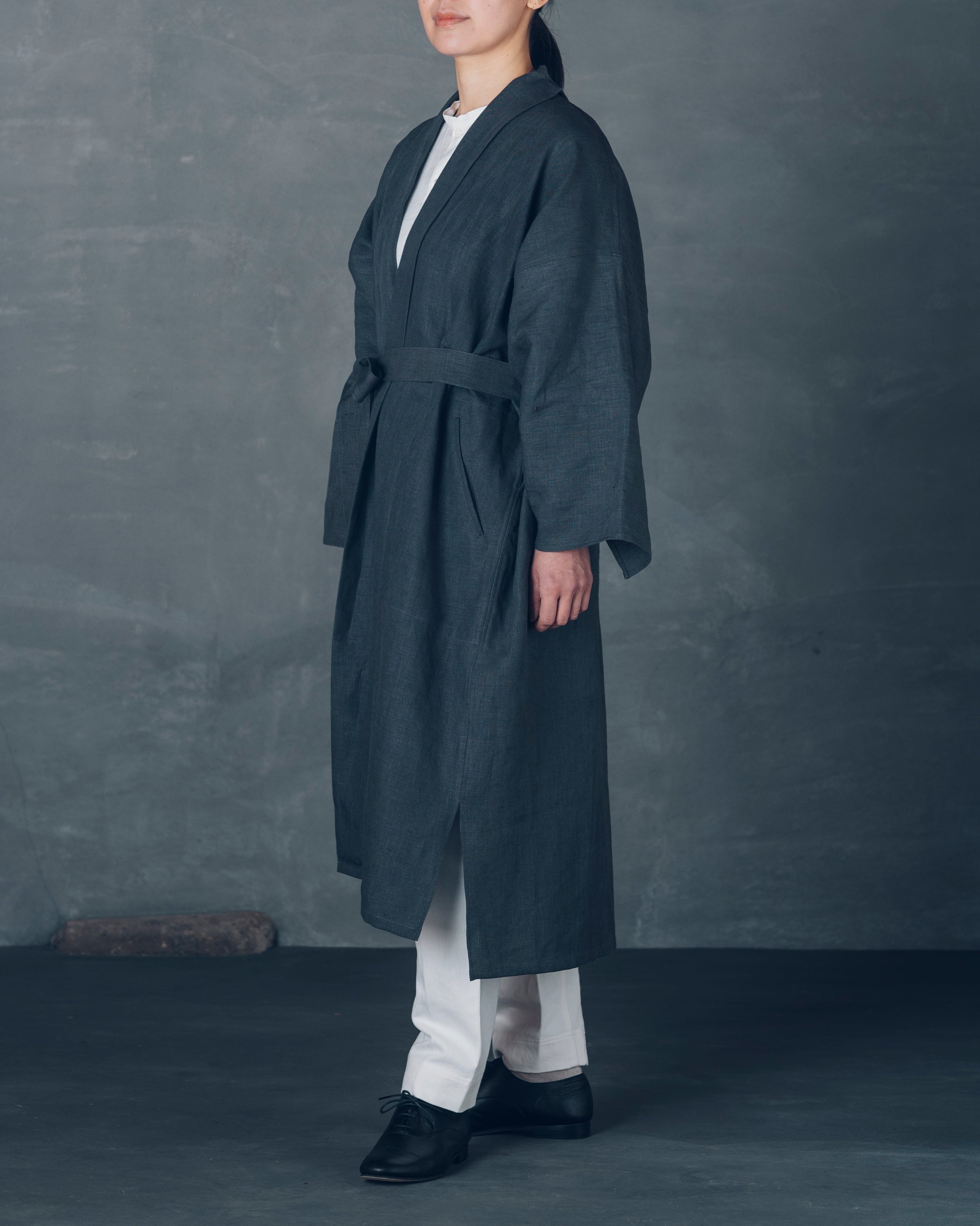 Mojiri-sode haori] Long / Linen / Chestnut Gray