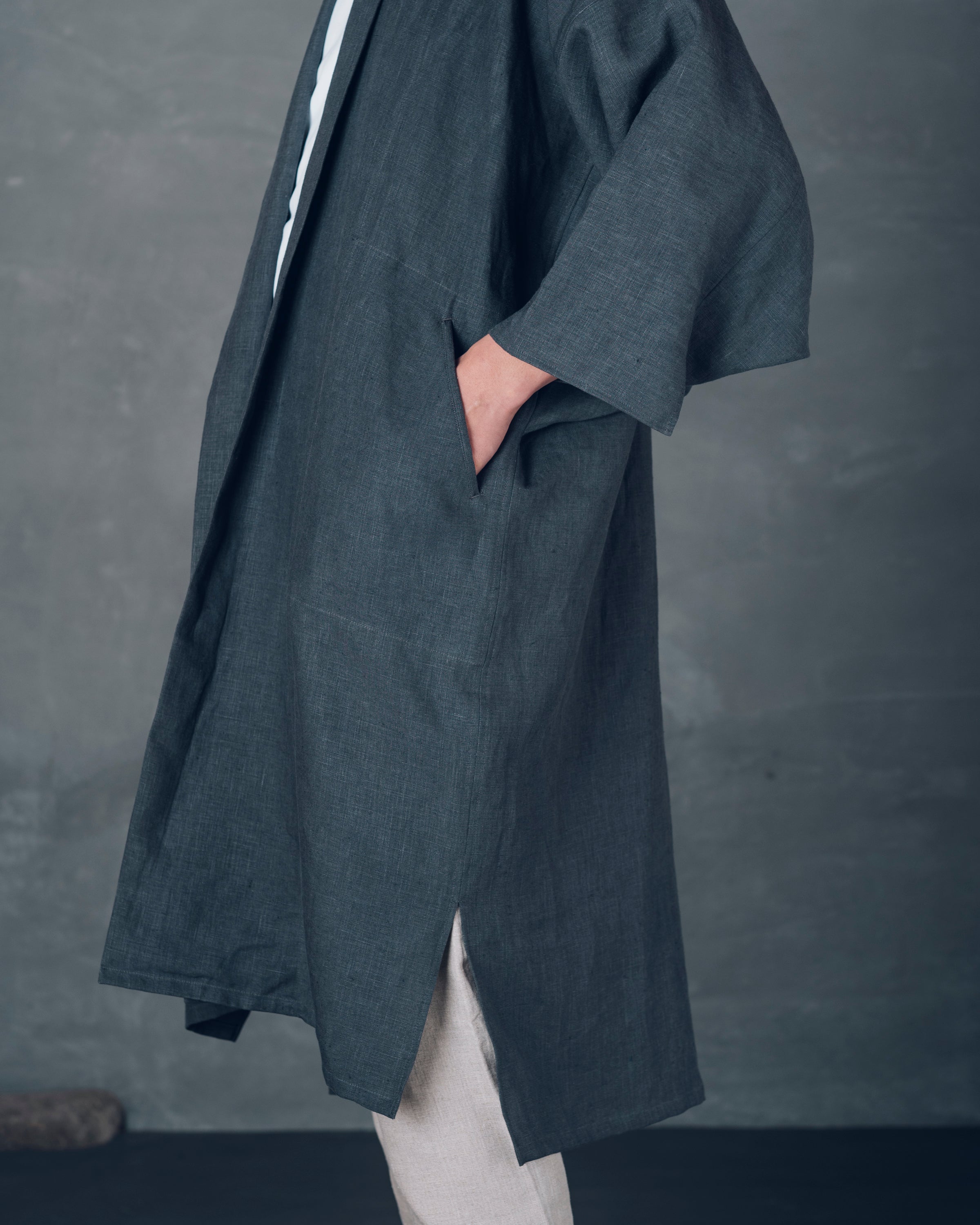 [もじり袖羽織]ロング/リネン/栗グレー