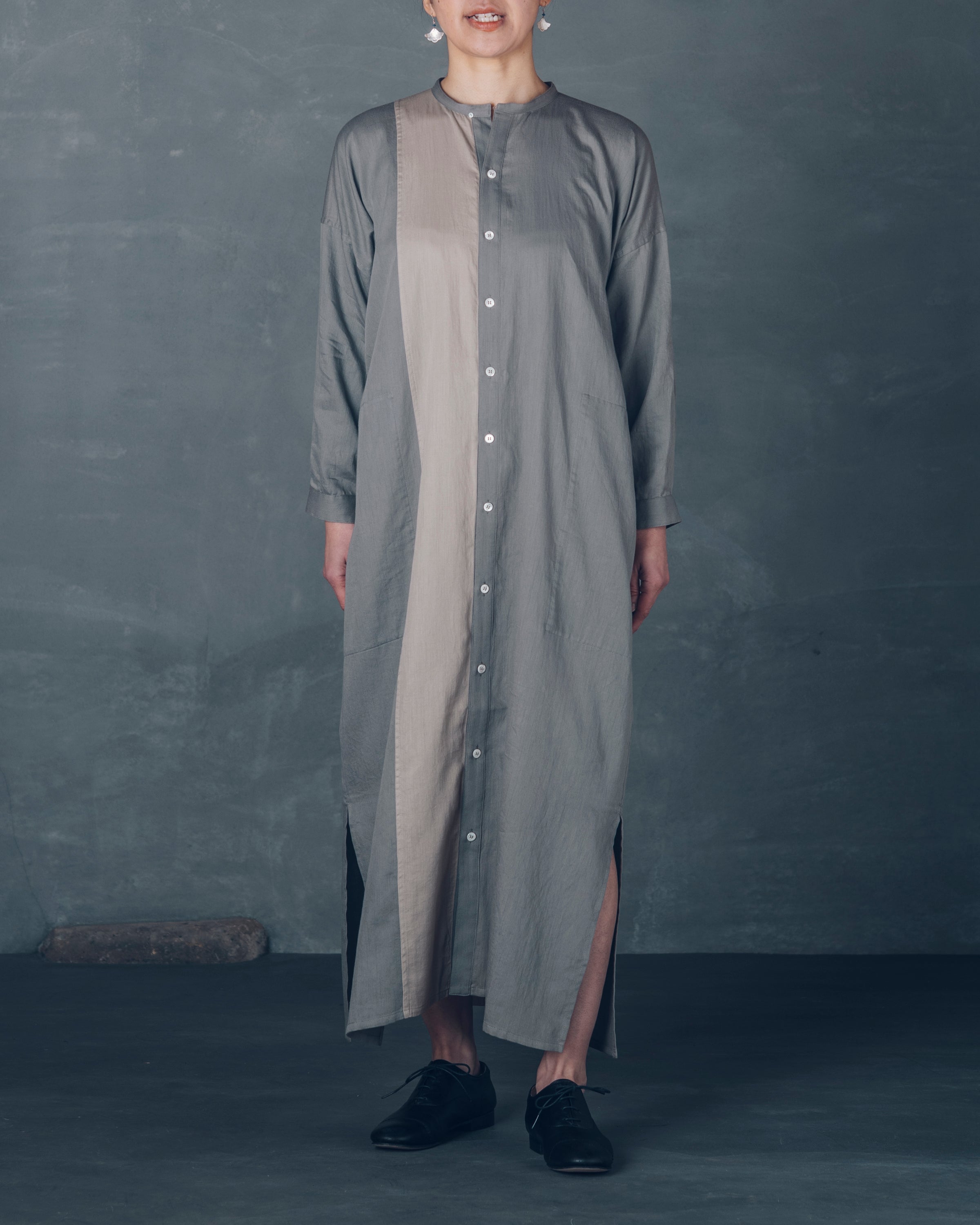 [越前ワンピース]マキシ/OCサテン/バイカラー/杉栗グレー×杉ベージュ