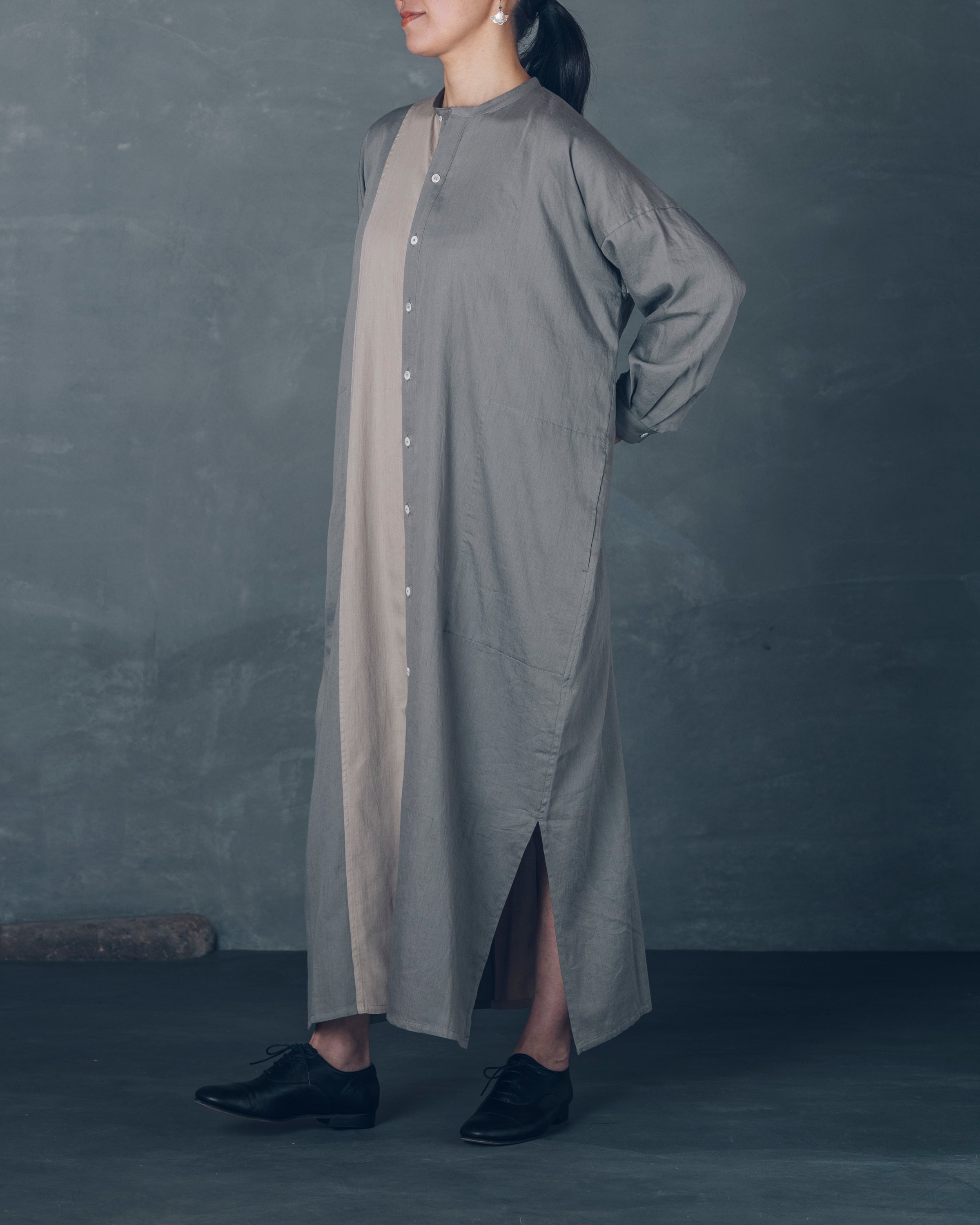 [越前ワンピース]マキシ/OCサテン/バイカラー/杉栗グレー×杉ベージュ