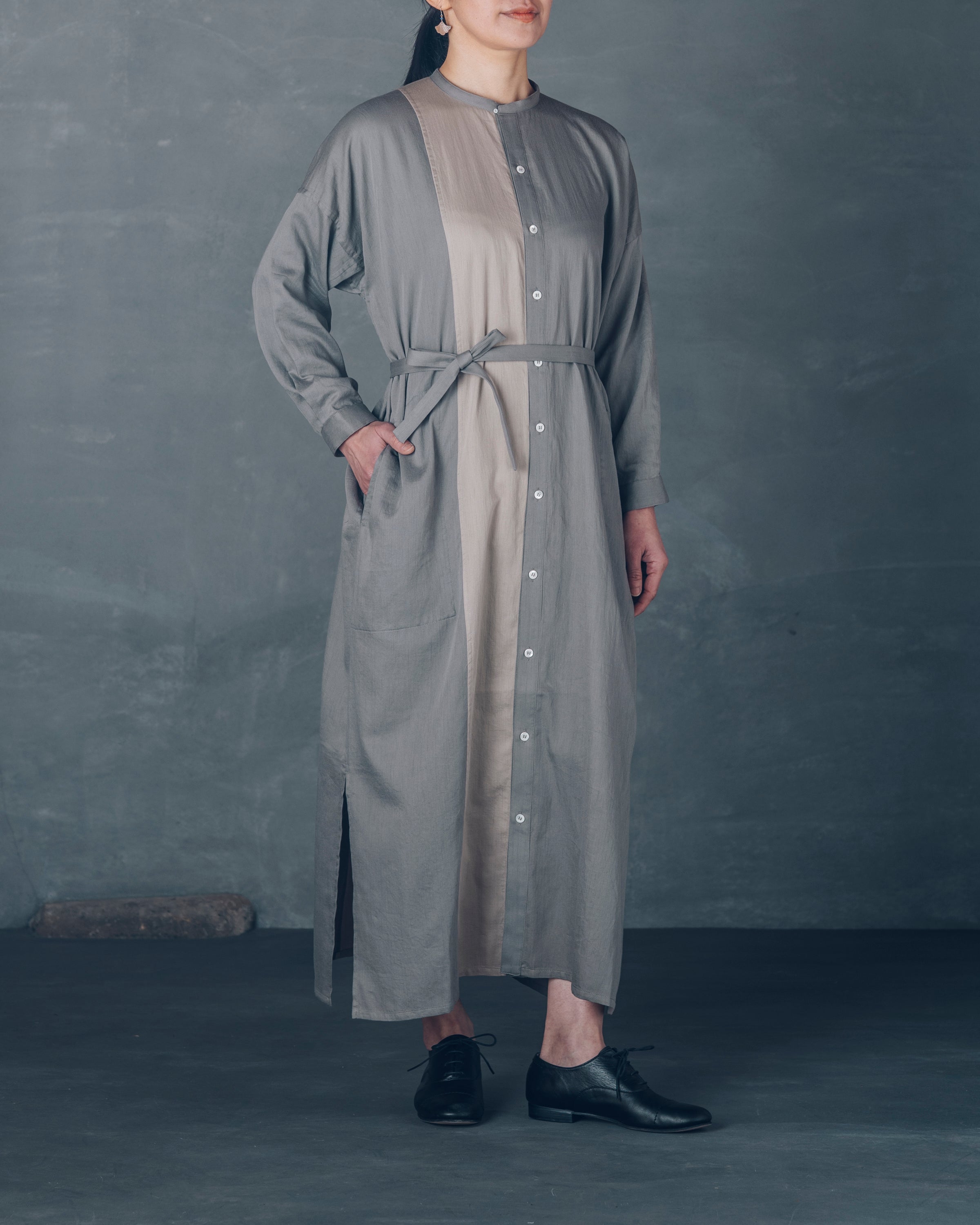 [越前ワンピース]マキシ/OCサテン/バイカラー/杉栗グレー×杉ベージュ