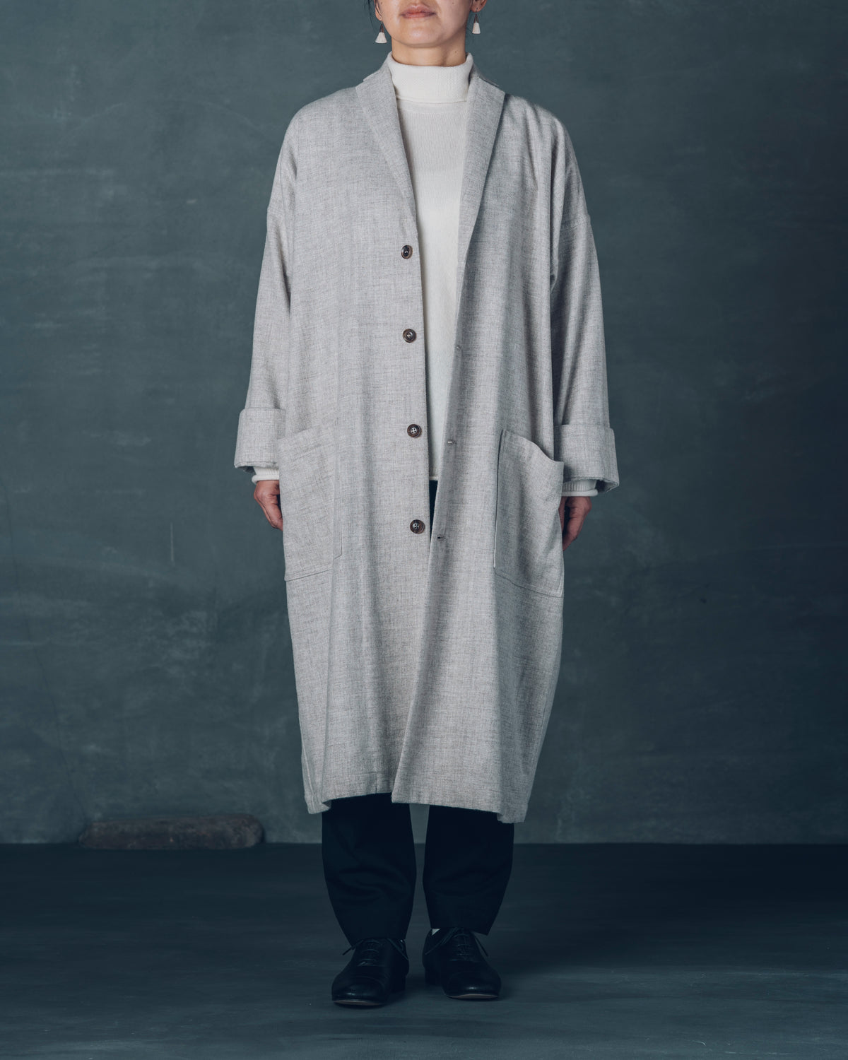 [Three-Panel Sleeve Coat] Thin Merino Wool / Gray