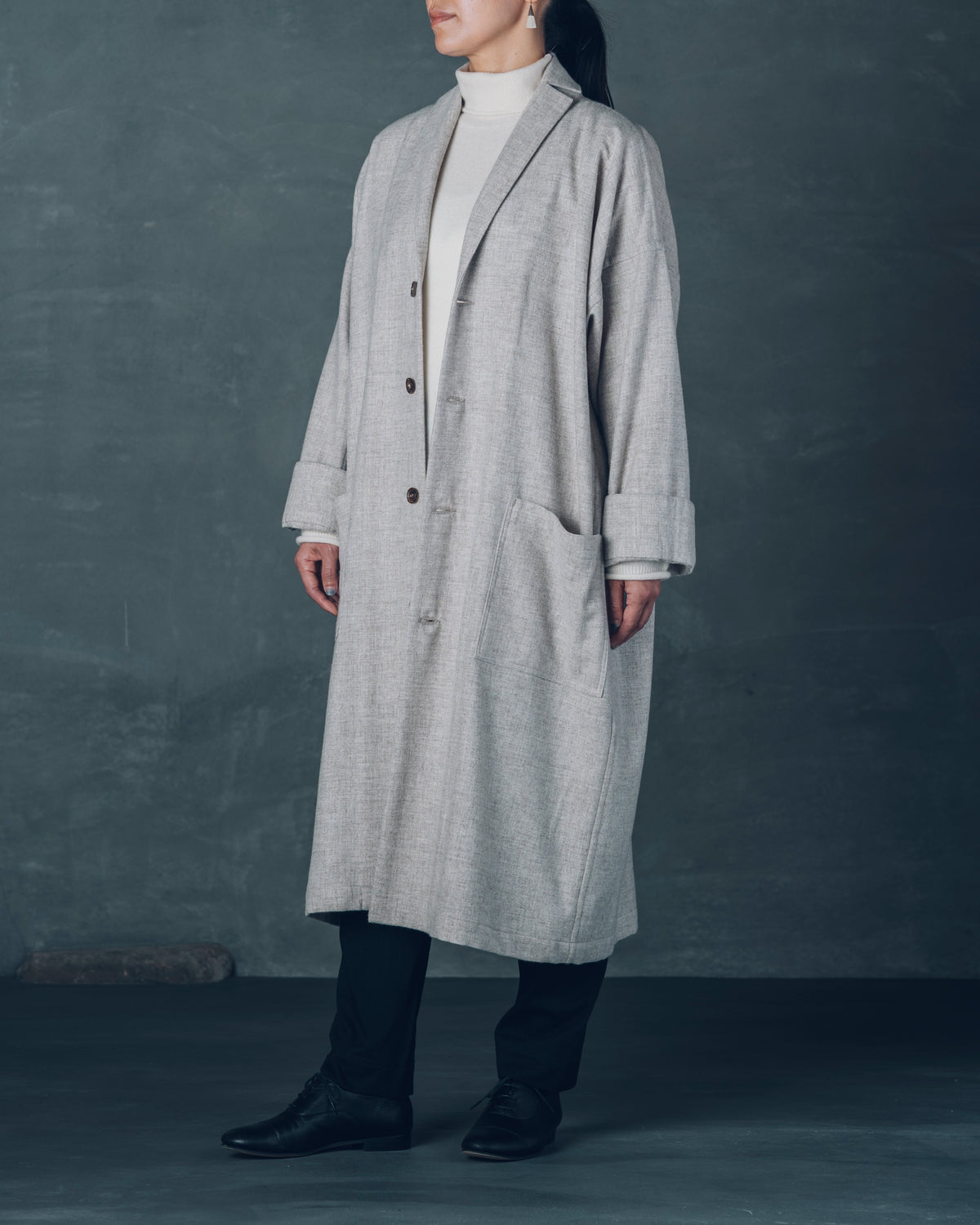 [Three-Panel Sleeve Coat] Thin Merino Wool / Gray