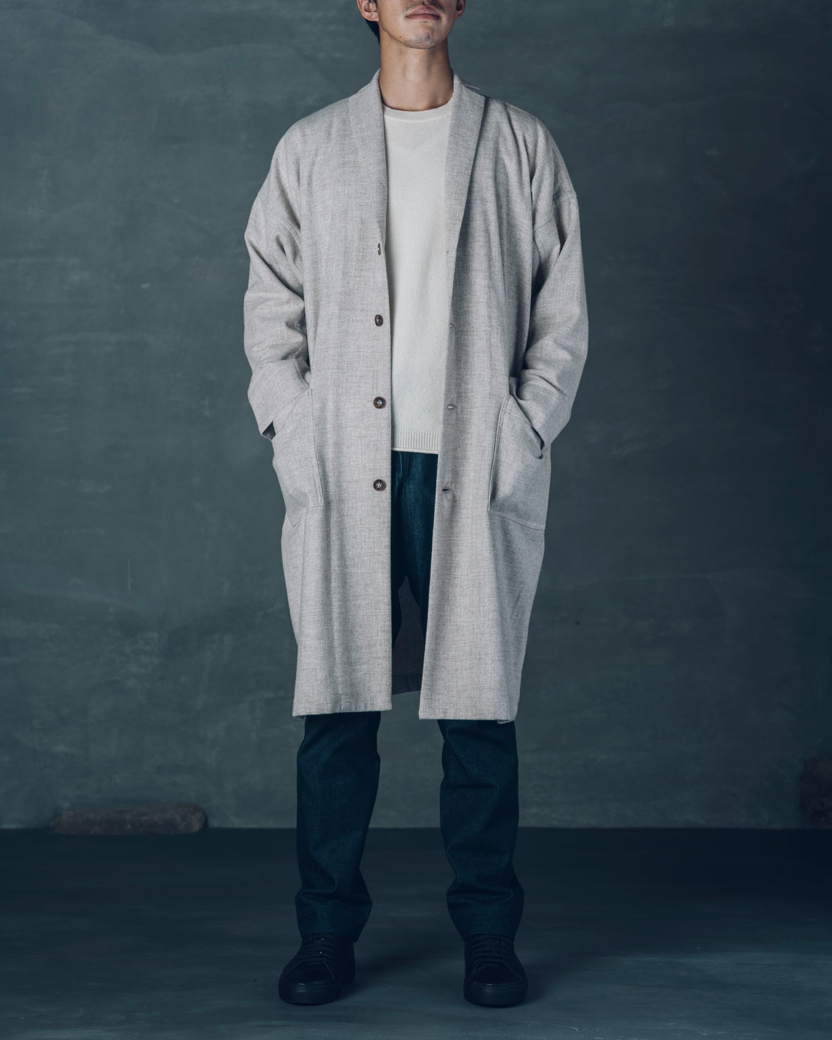 [Three-Panel Sleeve Coat] Thin Merino Wool / Gray