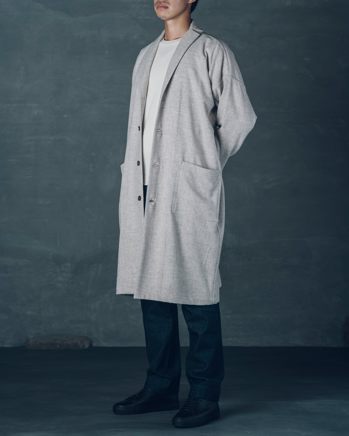 [Three-Panel Sleeve Coat] Thin Merino Wool / Gray