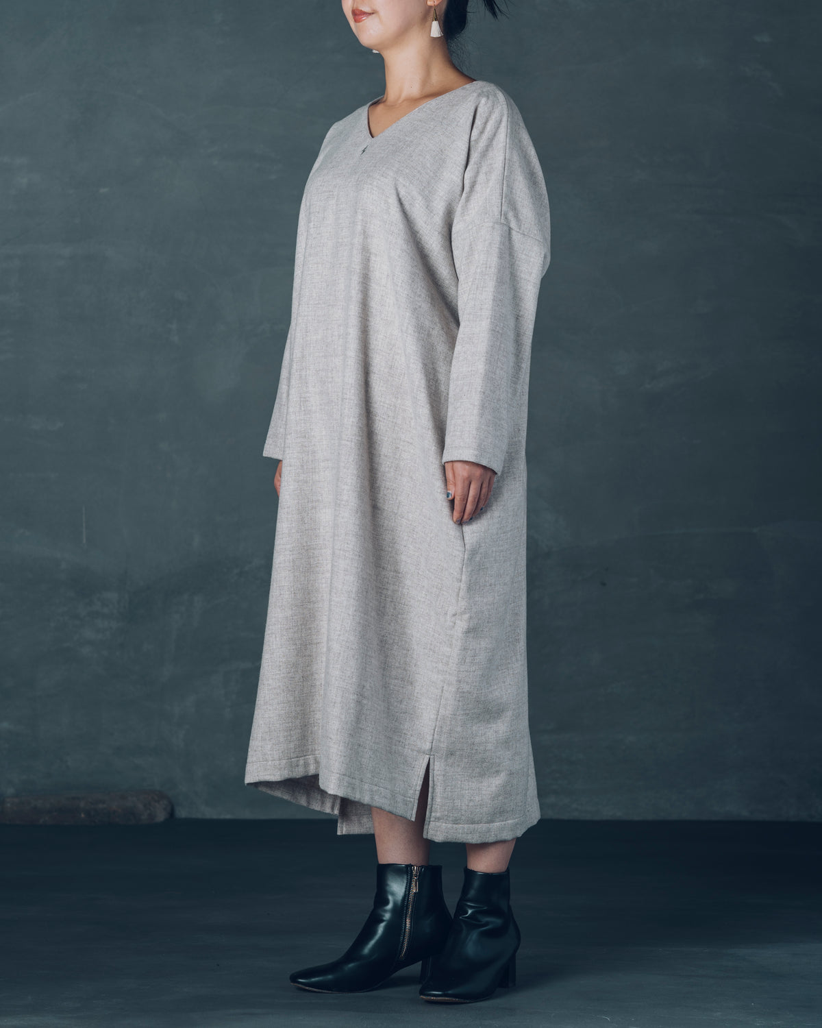[V-neck Wide Dress] Merino Wool/Gray