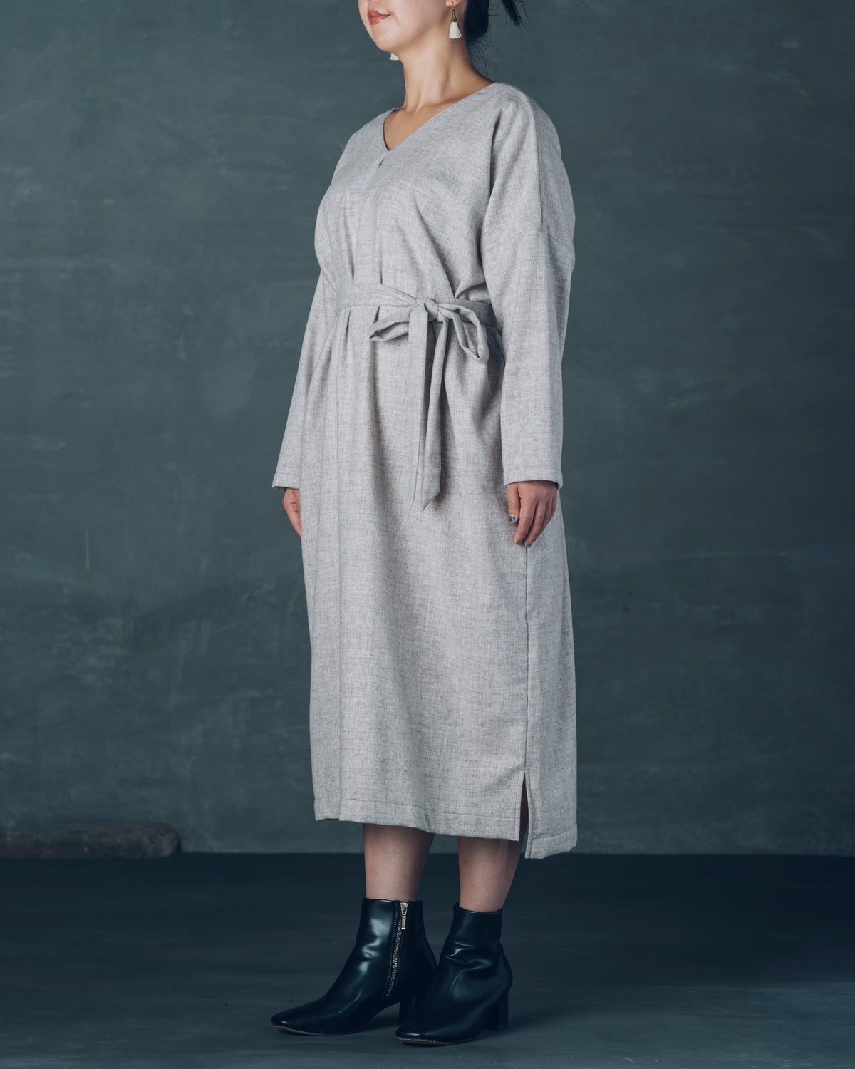 [V-neck Wide Dress] Merino Wool/Gray