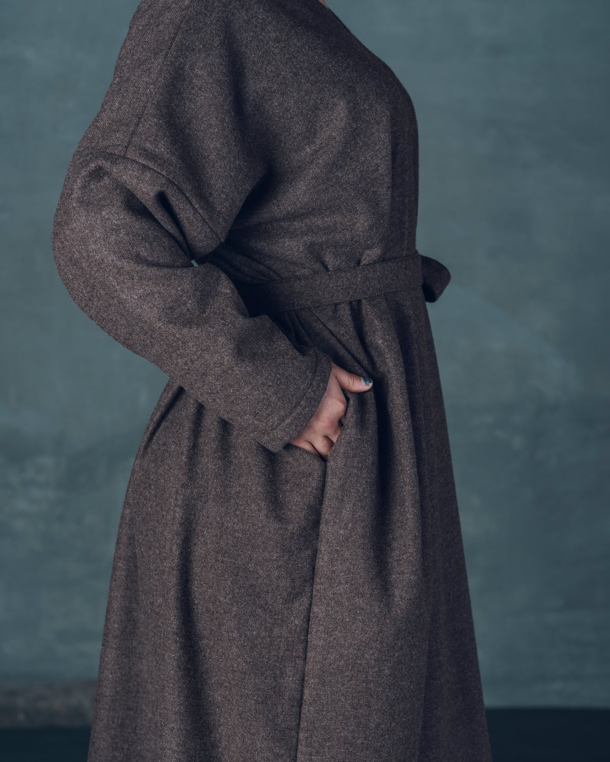 [V-Neck Wide Dress] Merino Wool / Brown