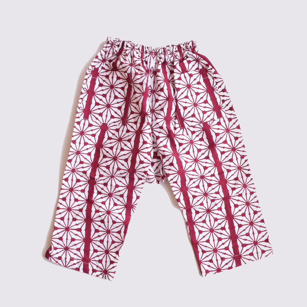 [Kids' T-shirt] Kimono pattern / Dark red hemp pattern