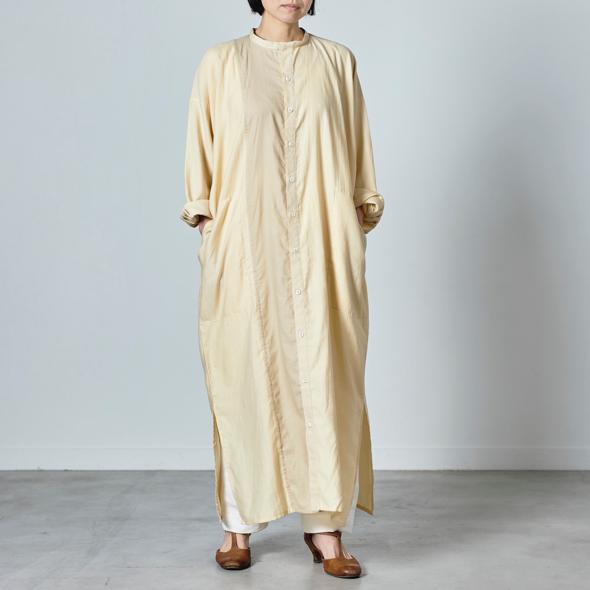 [Echizen One-piece] Maxi length/Organic cotton/Yellow x Khaki (Dalcyon) 