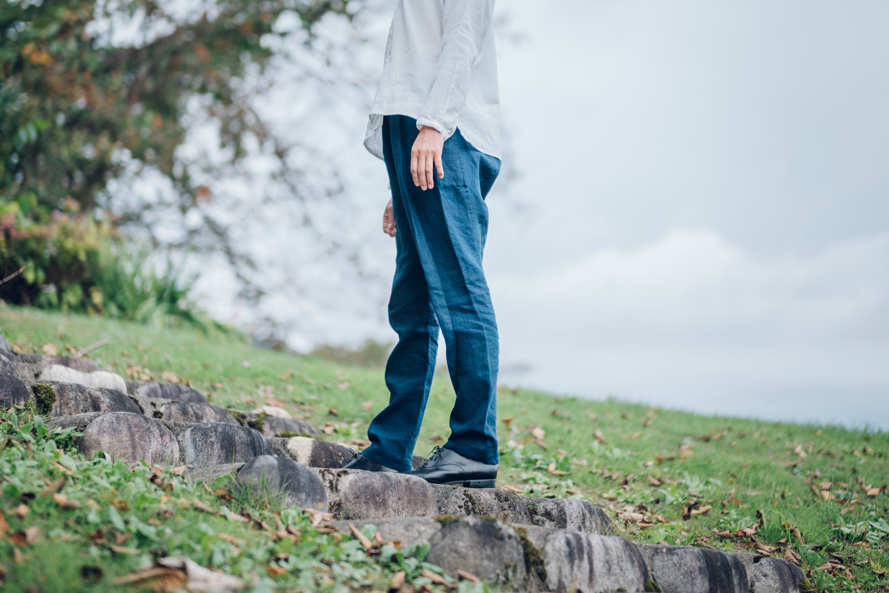 [Tatsuke] Linen/Indigo blue ＜With side pocket＞