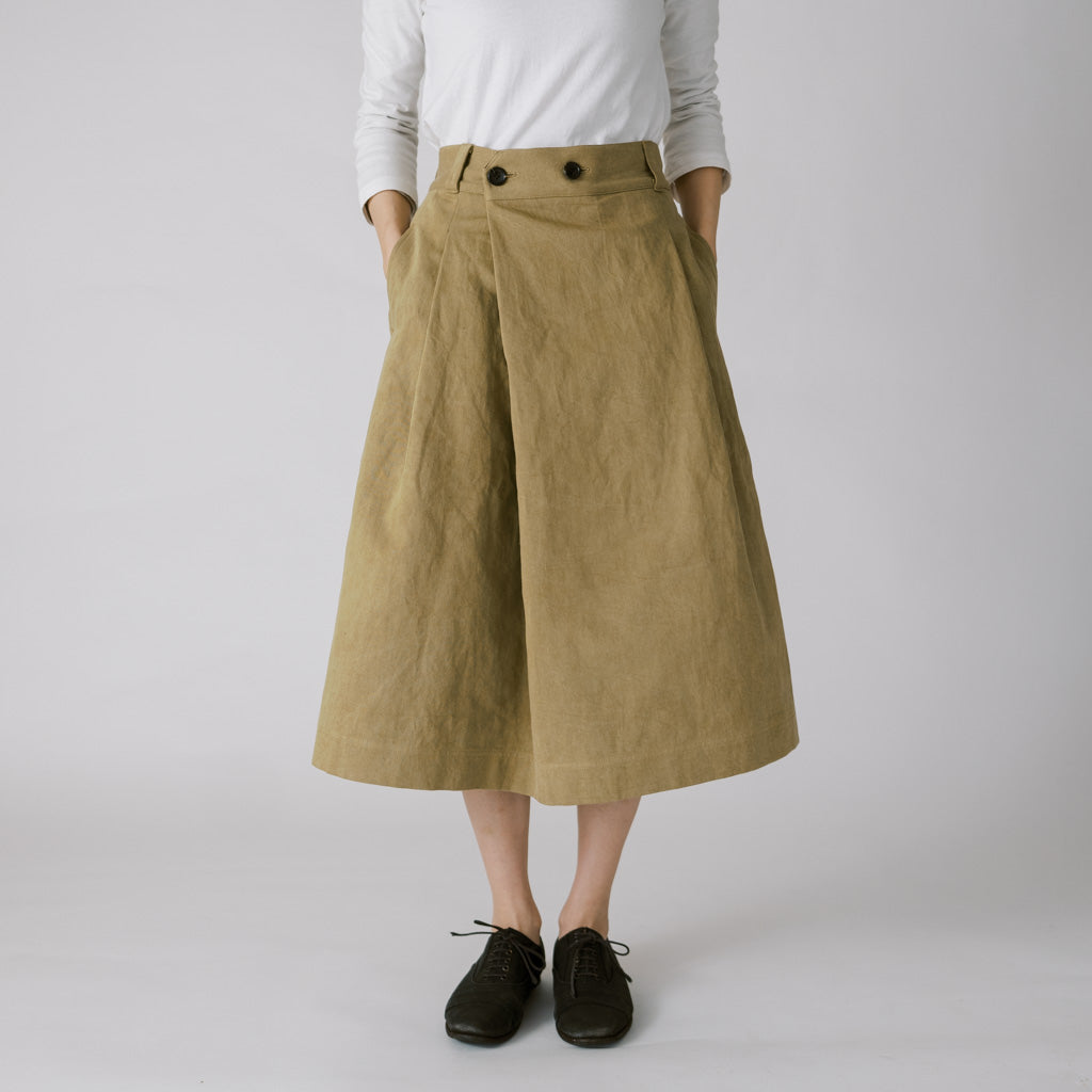 [Tucked skirt] Linen cotton/khaki (marigold)