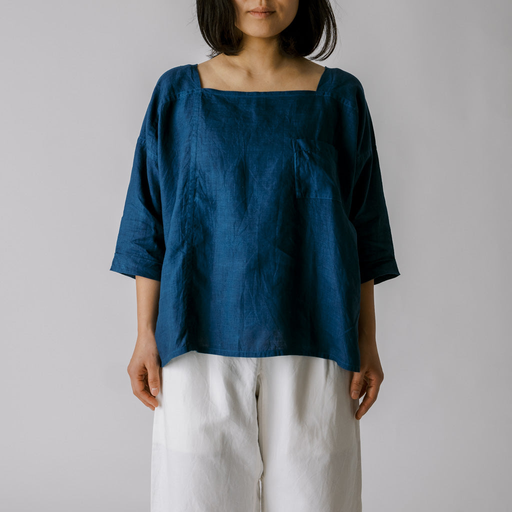 [Echizen blouse] Linen/Indigo blue